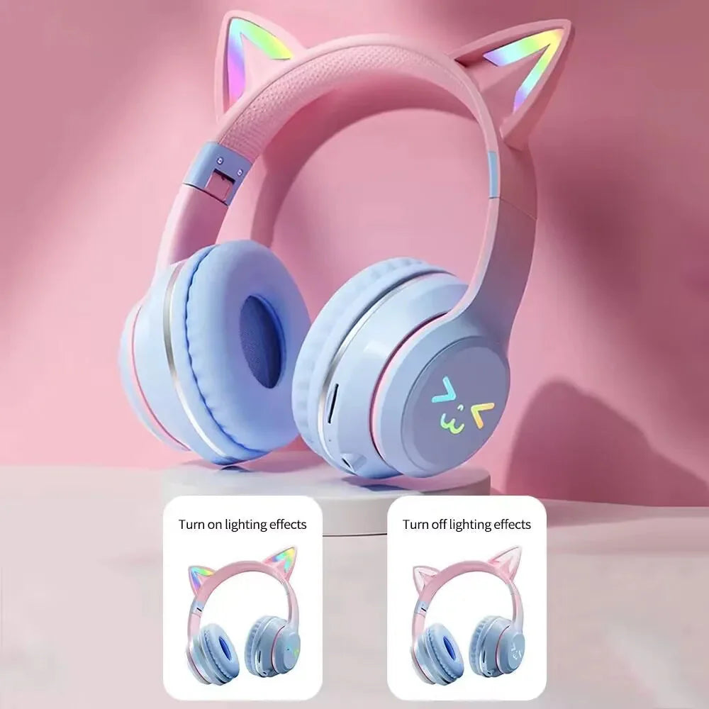 Pink Bluetooth Cat Ear Wireless Foldable Headset over Headphones for Mobile Accessories
