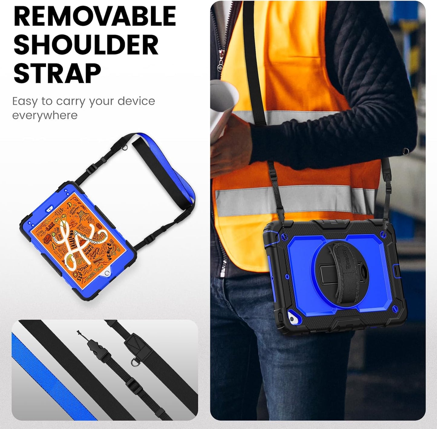 Case for Ipad Mini 4, for Ipad Mini 5Th Generation Case, Heavy Duty Case with Screen Stand Hand Strap Shoulder Strap Pencil Holder for Ipad Mini 5/ Mini 4 7.9 Inch- Dark Blue