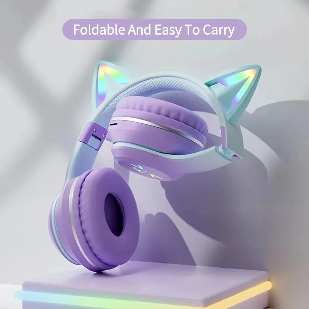 Pink Bluetooth Cat Ear Wireless Foldable Headset over Headphones for Mobile Accessories