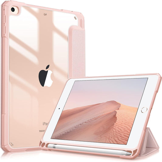 Hybrid Slim Case for Ipad Mini 5Th Generation 2019 / Ipad Mini 4 (7.9 Inch) - [Built-In Pencil Holder] Shockproof Cover with Clear Transparent Back Shell, Rose Gold